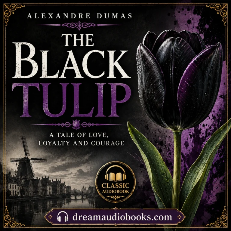 The Black Tulip audiobook cover featuring a rare black tulip, Dutch windmill, canal cityscape, and elegant gothic purple and black design inspired by Alexandre Dumas.