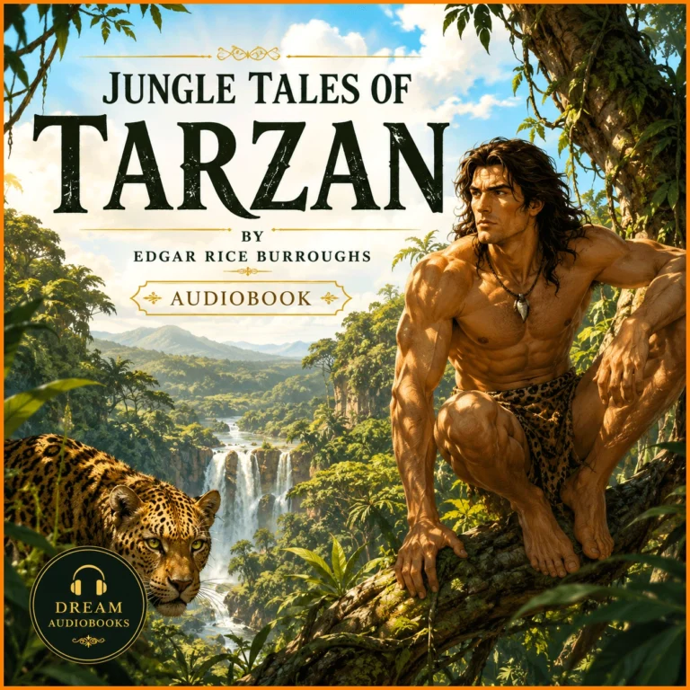 Jungle Tales of Tarzan audiobook cover featuring Tarzan perched on a jungle tree overlooking a waterfall with a leopard in the foreground, illustrated adventure by Edgar Rice Burroughs.