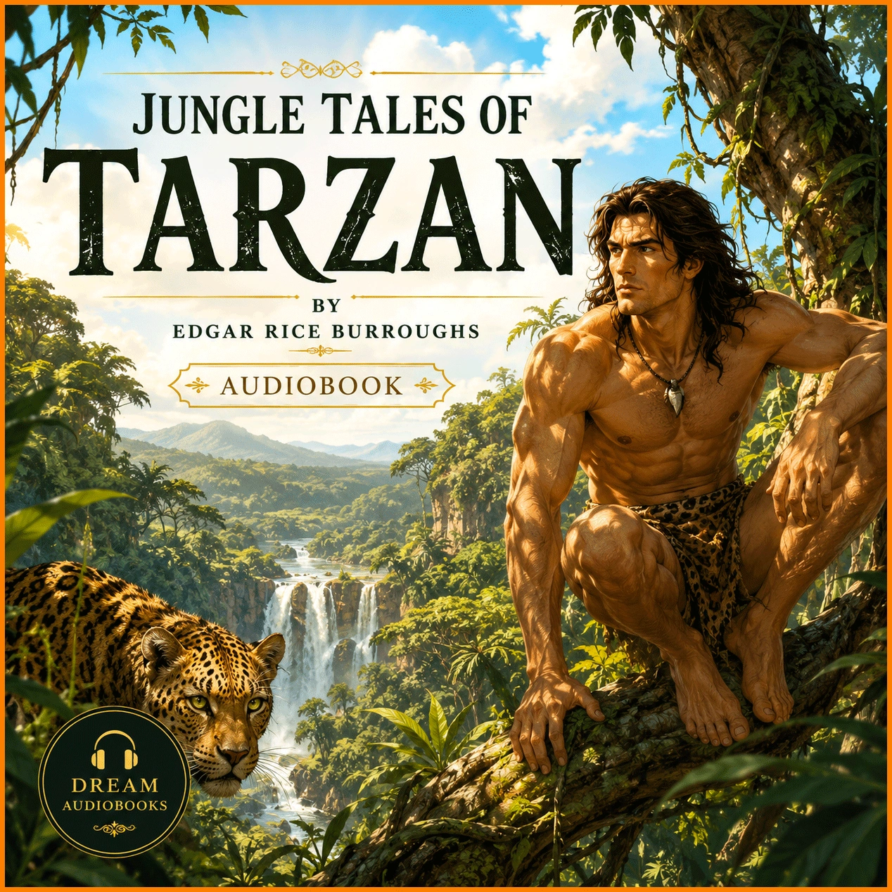 Jungle Tales of Tarzan audiobook cover featuring Tarzan perched on a jungle tree overlooking a waterfall with a leopard in the foreground, illustrated adventure by Edgar Rice Burroughs.