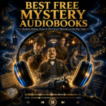 best free mystery audiobooks cover with Sherlock Holmes and Poirot in Blue Train scene