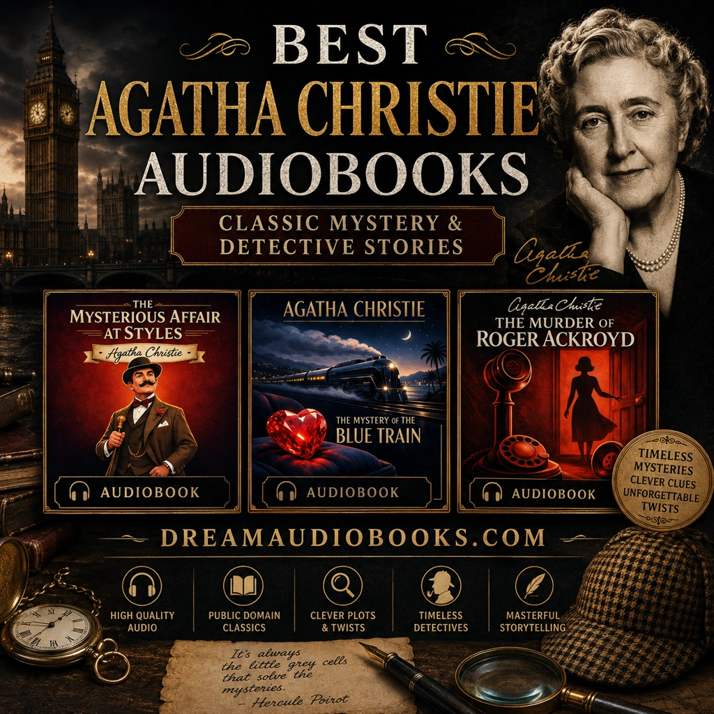 Best Agatha Christie audiobooks cover featuring The Mysterious Affair at Styles, The Mystery of the Blue Train, and The Murder of Roger Ackroyd