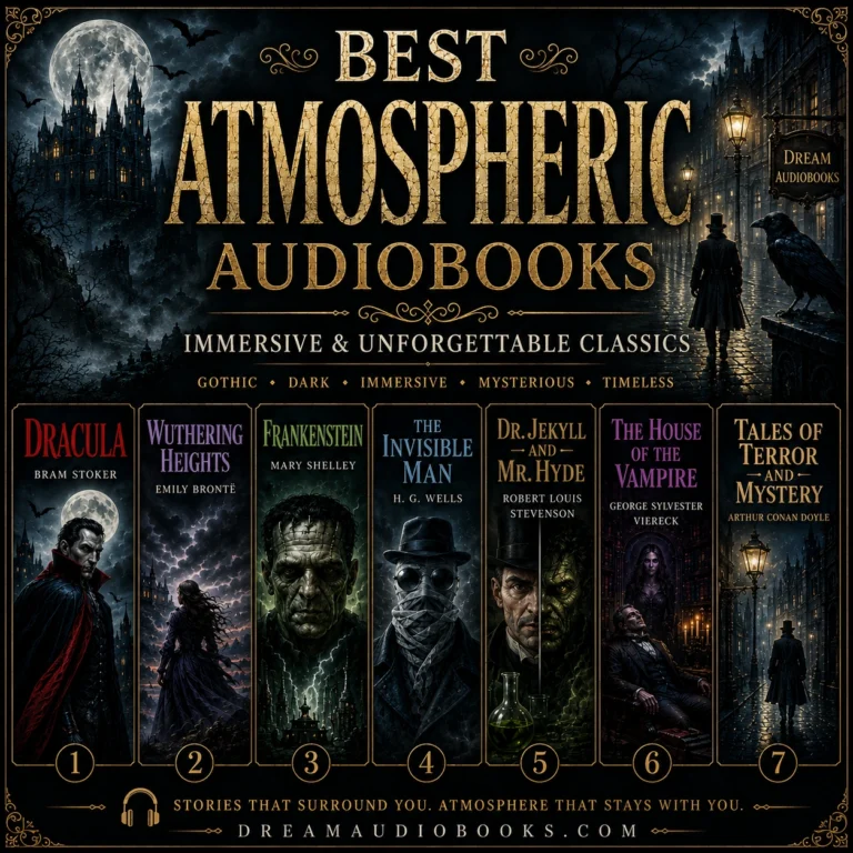 Best atmospheric audiobooks cover featuring Dracula, Wuthering Heights, Frankenstein, The Invisible Man, Dr. Jekyll and Mr. Hyde, The House of the Vampire, and Tales of Terror and Mystery
