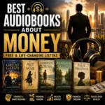 Best audiobooks about money cover featuring The Great Gatsby, The Art of War, Robinson Crusoe, Walden, and Pride and Prejudice audiobook covers