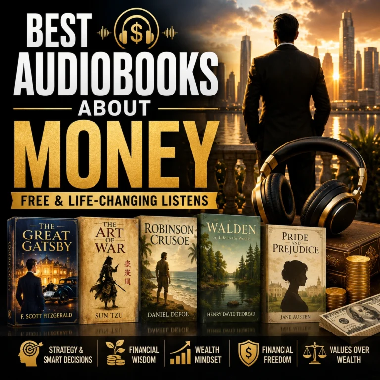 Best audiobooks about money cover featuring The Great Gatsby, The Art of War, Robinson Crusoe, Walden, and Pride and Prejudice audiobook covers