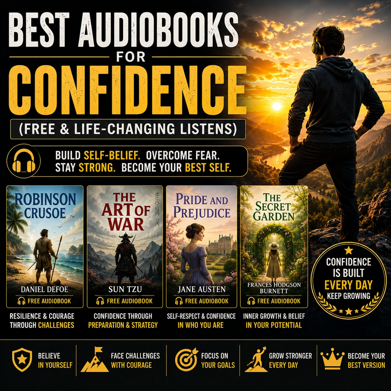 Best audiobooks for confidence cover featuring Robinson Crusoe, The Art of War, Pride and Prejudice, and The Secret Garden audiobook covers