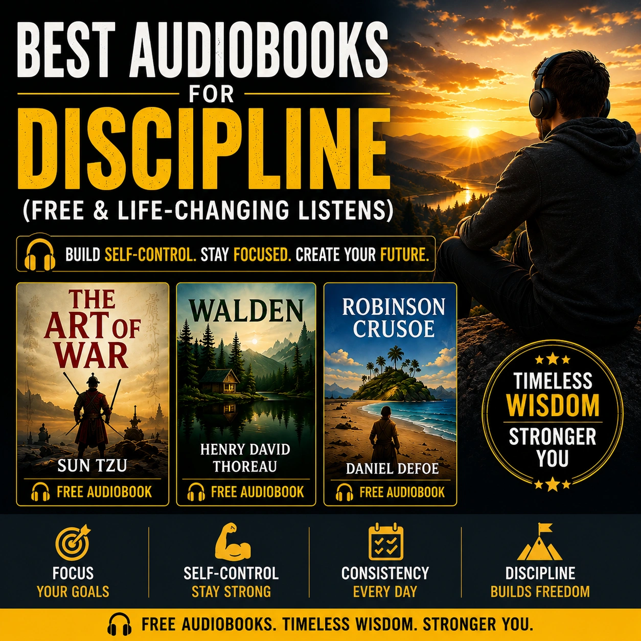 Best audiobooks for discipline cover featuring The Art of War, Walden, and Robinson Crusoe audiobook covers