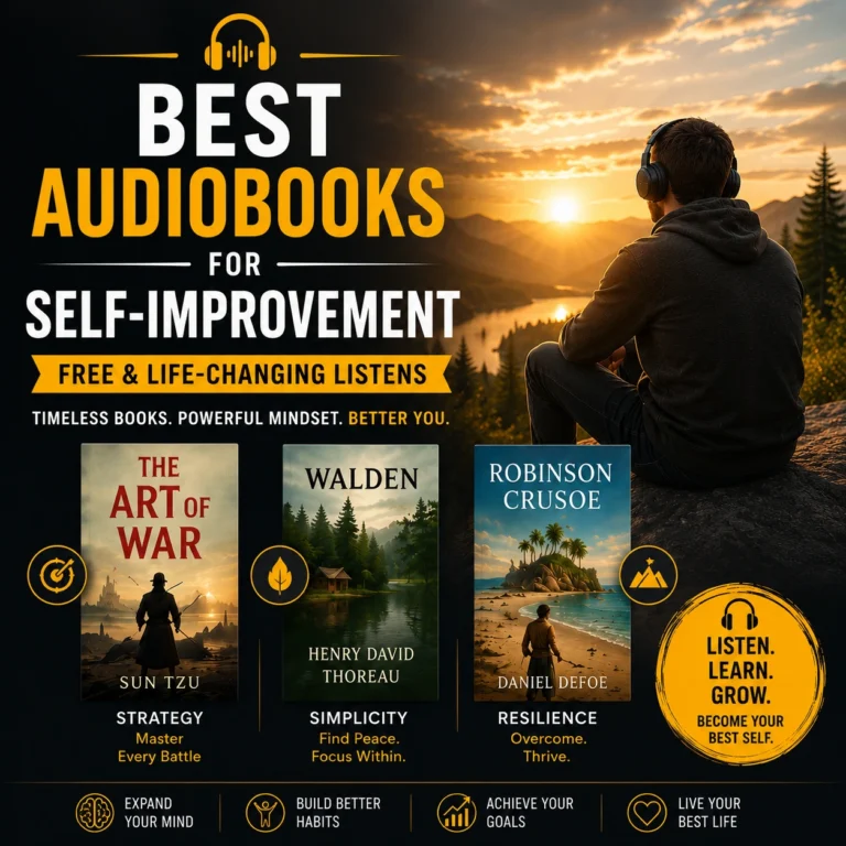 Best Audiobooks for Self-Improvement cover featuring The Art of War, Walden, and Robinson Crusoe audiobook covers