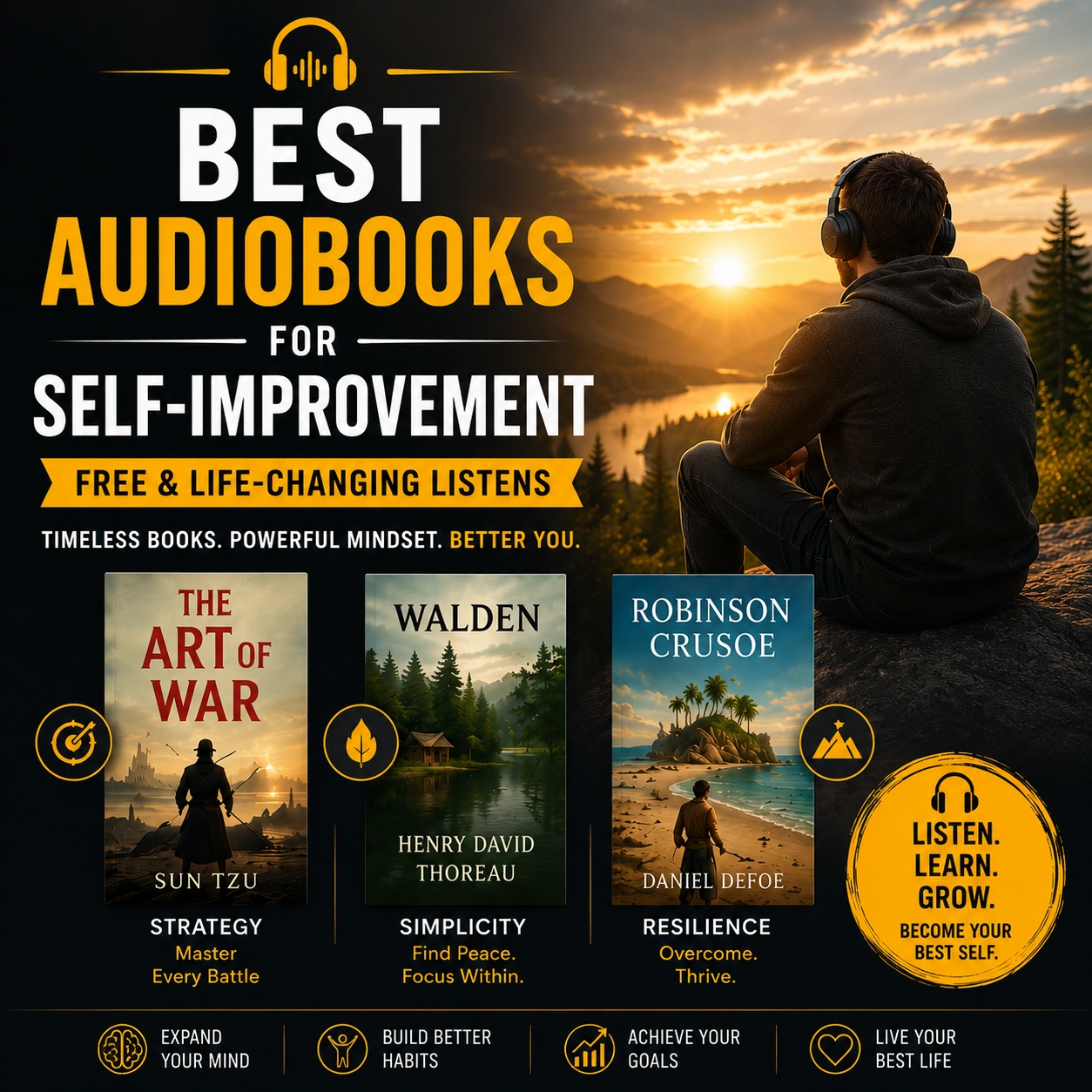 Best Audiobooks for Self-Improvement cover featuring The Art of War, Walden, and Robinson Crusoe audiobook covers