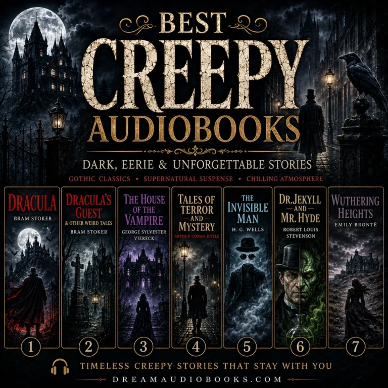 Best creepy audiobooks cover featuring Dracula, Dracula’s Guest & Other Weird Tales, The House of the Vampire, Tales of Terror and Mystery, The Invisible Man, Dr. Jekyll and Mr. Hyde, and Wuthering Heights