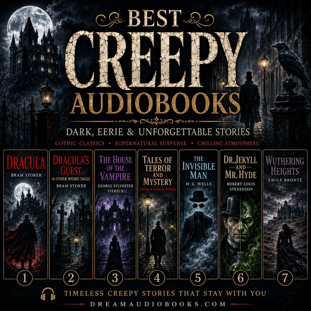 Best creepy audiobooks cover featuring Dracula, Dracula’s Guest & Other Weird Tales, The House of the Vampire, Tales of Terror and Mystery, The Invisible Man, Dr. Jekyll and Mr. Hyde, and Wuthering Heights