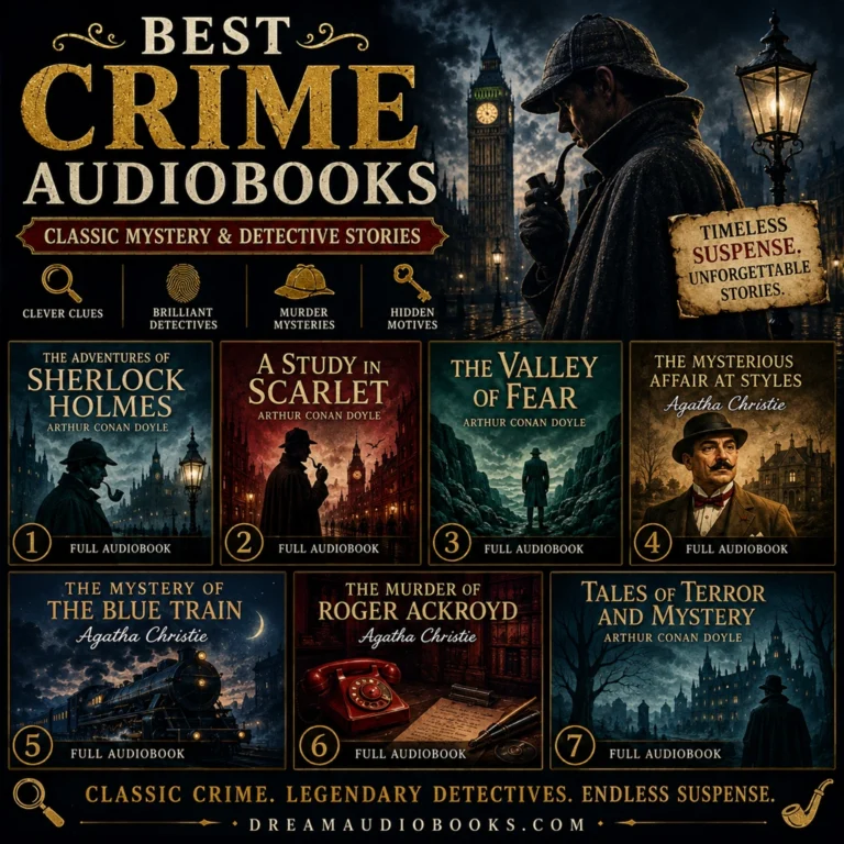 Best crime audiobooks cover featuring The Adventures of Sherlock Holmes, A Study in Scarlet, The Valley of Fear, The Mysterious Affair at Styles, The Mystery of the Blue Train, The Murder of Roger Ackroyd, and Tales of Terror and Mystery