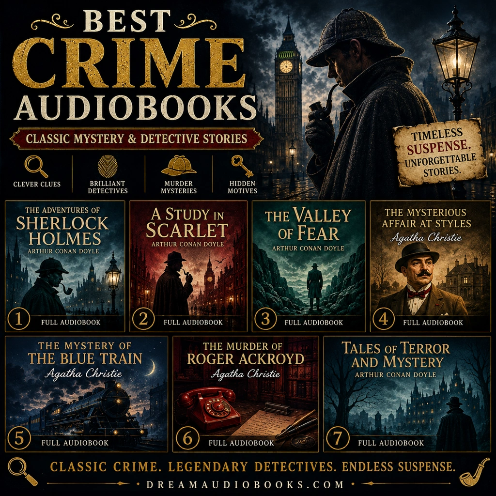 Best crime audiobooks cover featuring The Adventures of Sherlock Holmes, A Study in Scarlet, The Valley of Fear, The Mysterious Affair at Styles, The Mystery of the Blue Train, The Murder of Roger Ackroyd, and Tales of Terror and Mystery