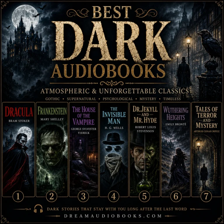 Best dark audiobooks cover featuring Dracula, Frankenstein, The House of the Vampire, The Invisible Man, Dr. Jekyll and Mr. Hyde, Wuthering Heights, and Tales of Terror and Mystery