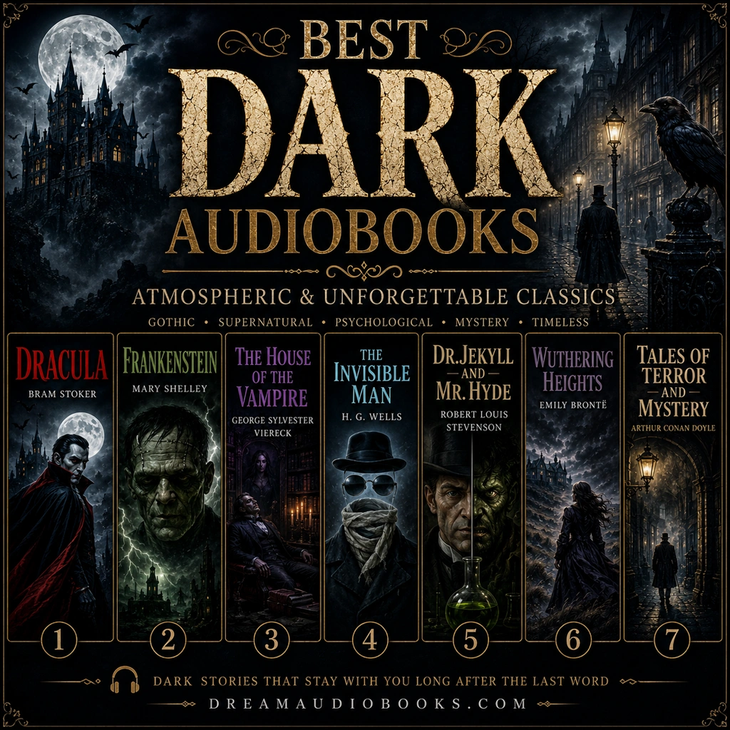 Best dark audiobooks cover featuring Dracula, Frankenstein, The House of the Vampire, The Invisible Man, Dr. Jekyll and Mr. Hyde, Wuthering Heights, and Tales of Terror and Mystery