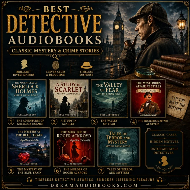 Best detective audiobooks cover featuring The Adventures of Sherlock Holmes, A Study in Scarlet, The Valley of Fear, The Mysterious Affair at Styles, The Mystery of the Blue Train, The Murder of Roger Ackroyd, and Tales of Terror and Mystery