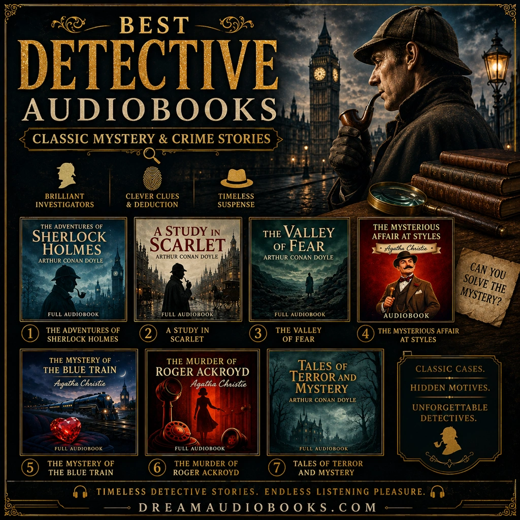 Best detective audiobooks cover featuring The Adventures of Sherlock Holmes, A Study in Scarlet, The Valley of Fear, The Mysterious Affair at Styles, The Mystery of the Blue Train, The Murder of Roger Ackroyd, and Tales of Terror and Mystery