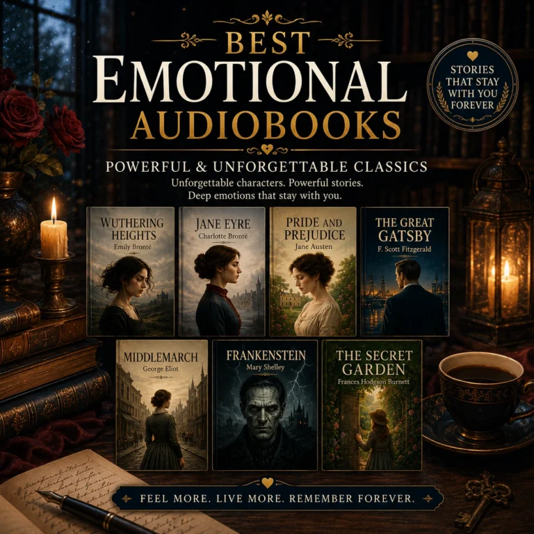 Best emotional audiobooks cover featuring Wuthering Heights, Jane Eyre, Pride and Prejudice, The Great Gatsby, Middlemarch, Frankenstein, and The Secret Garden