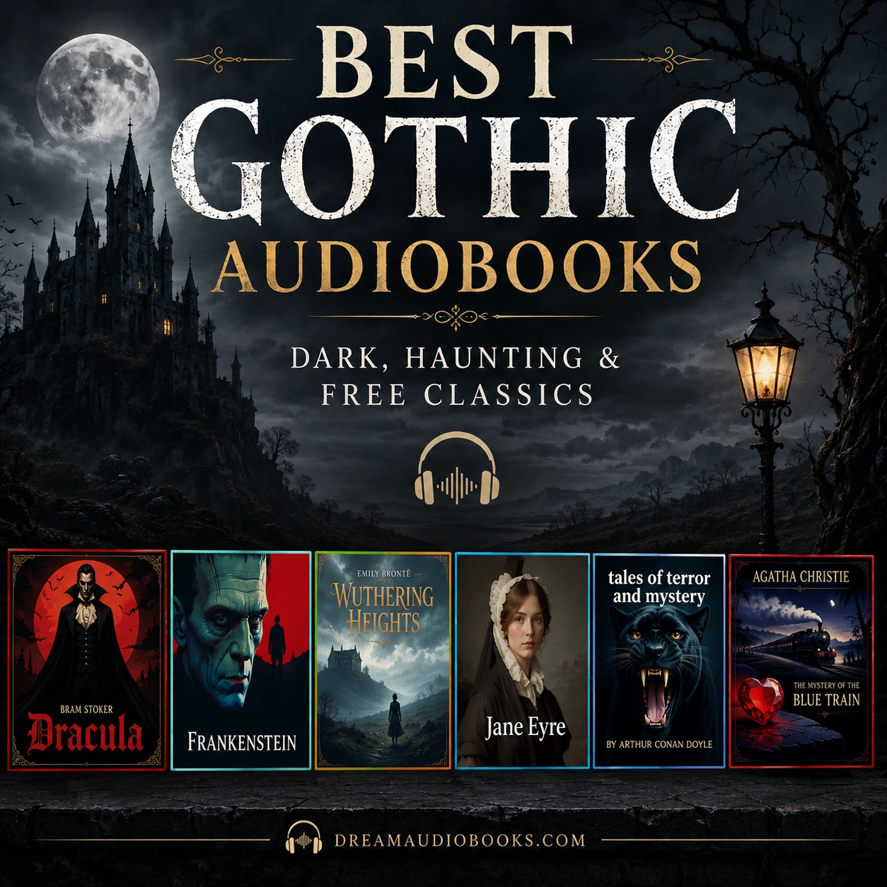 Best gothic audiobooks cover featuring Dracula, Frankenstein, Wuthering Heights, Jane Eyre, Tales of Terror and Mystery, and The Mystery of the Blue Train
