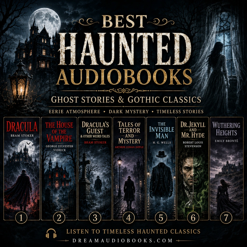 Best haunted audiobooks cover featuring Dracula, The House of the Vampire, Dracula’s Guest & Other Weird Tales, Tales of Terror and Mystery, The Invisible Man, Dr. Jekyll and Mr. Hyde, and Wuthering Heights