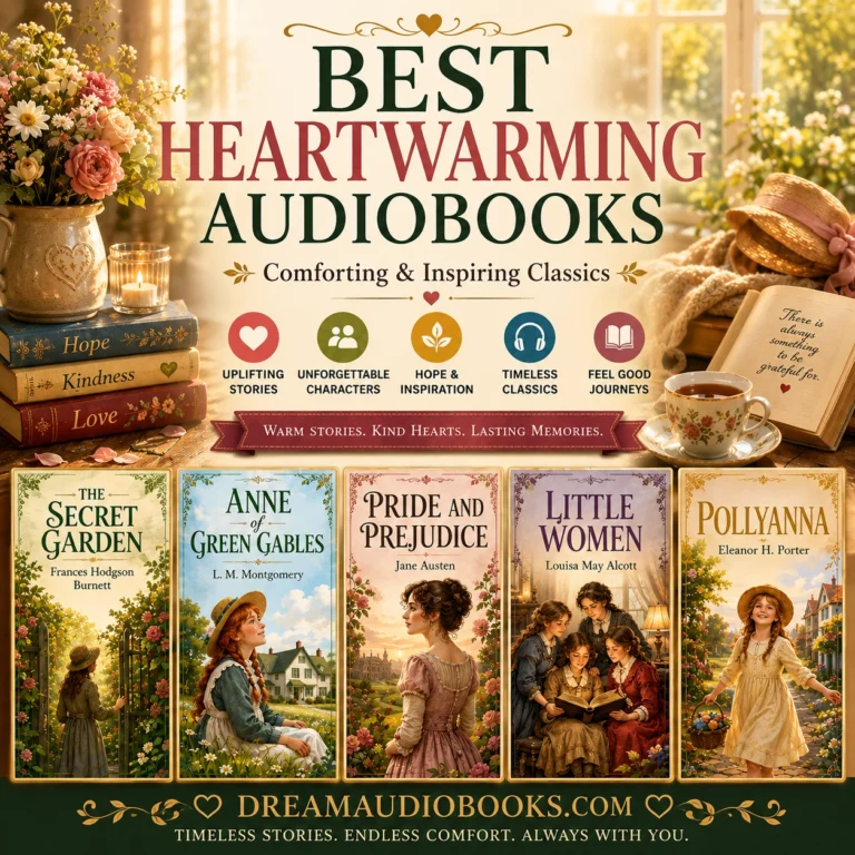 Best heartwarming audiobooks cover featuring The Secret Garden, Anne of Green Gables, Pride and Prejudice, Little Women, and Pollyanna