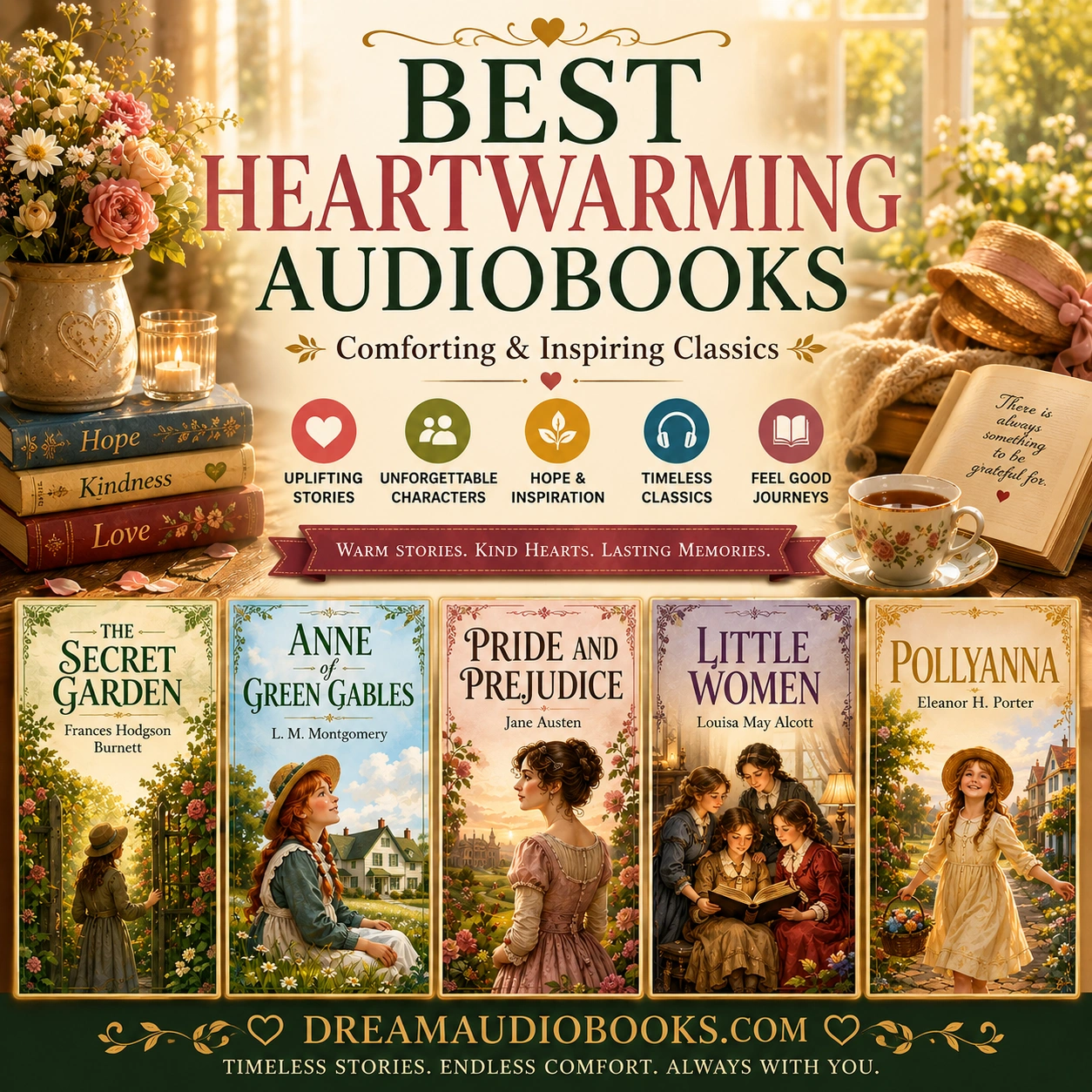 Best heartwarming audiobooks cover featuring The Secret Garden, Anne of Green Gables, Pride and Prejudice, Little Women, and Pollyanna