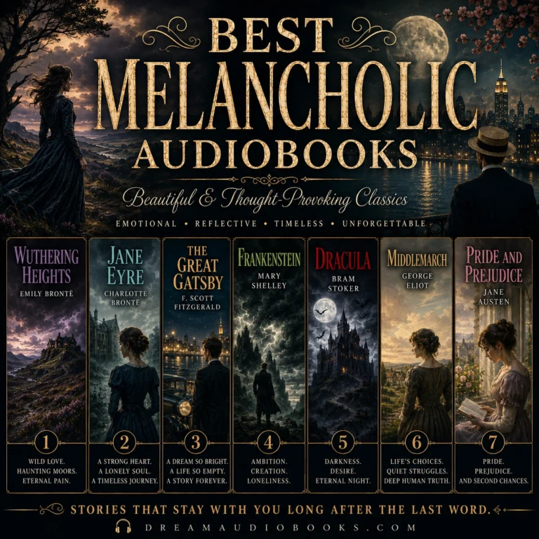 Best melancholic audiobooks cover featuring Wuthering Heights, Jane Eyre, The Great Gatsby, Frankenstein, Dracula, Middlemarch, and Pride and Prejudice