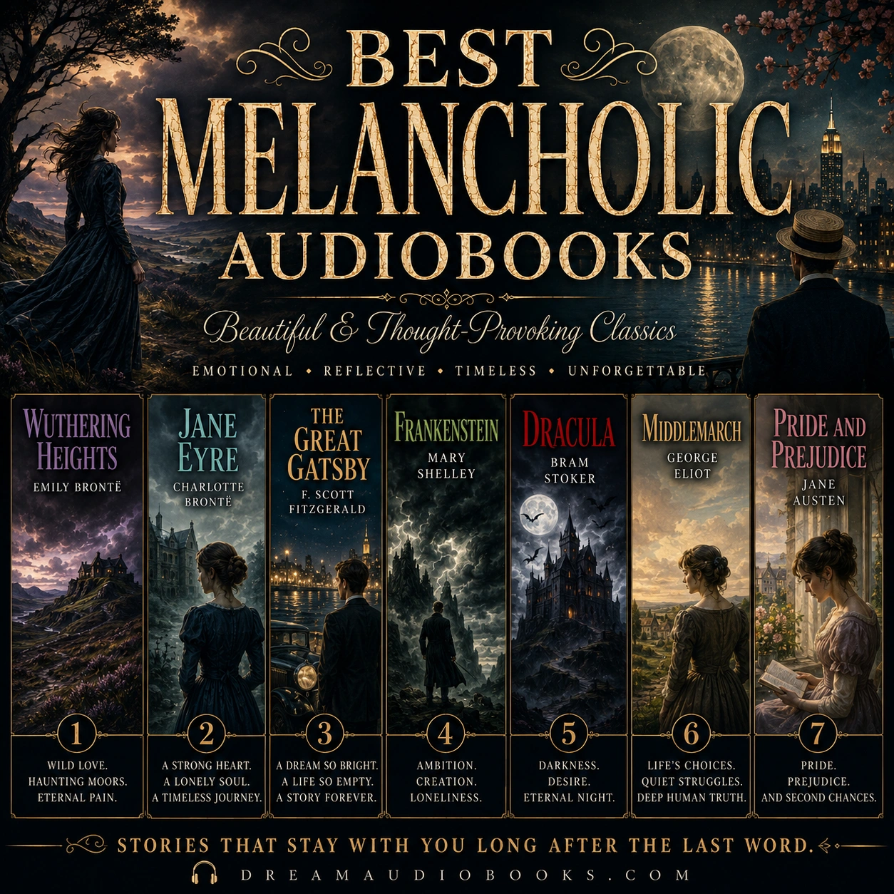 Best melancholic audiobooks cover featuring Wuthering Heights, Jane Eyre, The Great Gatsby, Frankenstein, Dracula, Middlemarch, and Pride and Prejudice