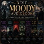 Best moody audiobooks cover featuring Wuthering Heights, Jane Eyre, Dracula, Frankenstein, The House of the Vampire, Dr. Jekyll and Mr. Hyde, and The Great Gatsby