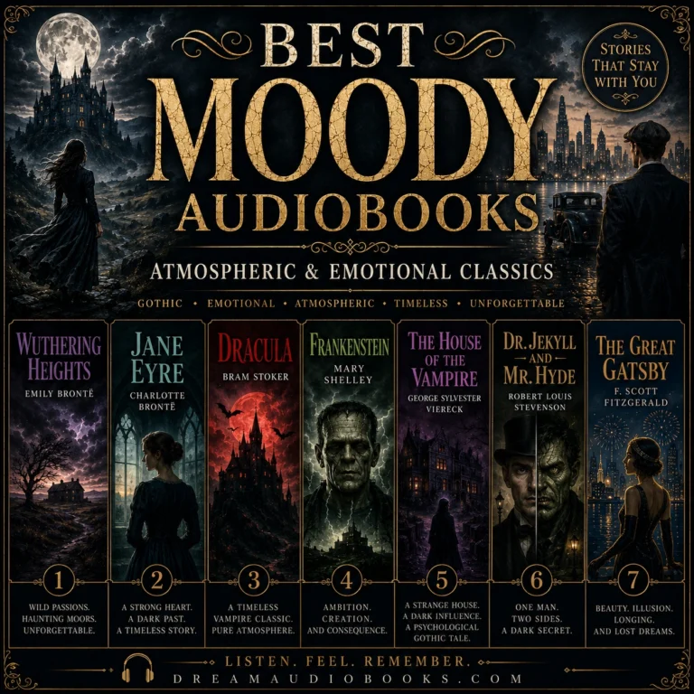Best moody audiobooks cover featuring Wuthering Heights, Jane Eyre, Dracula, Frankenstein, The House of the Vampire, Dr. Jekyll and Mr. Hyde, and The Great Gatsby