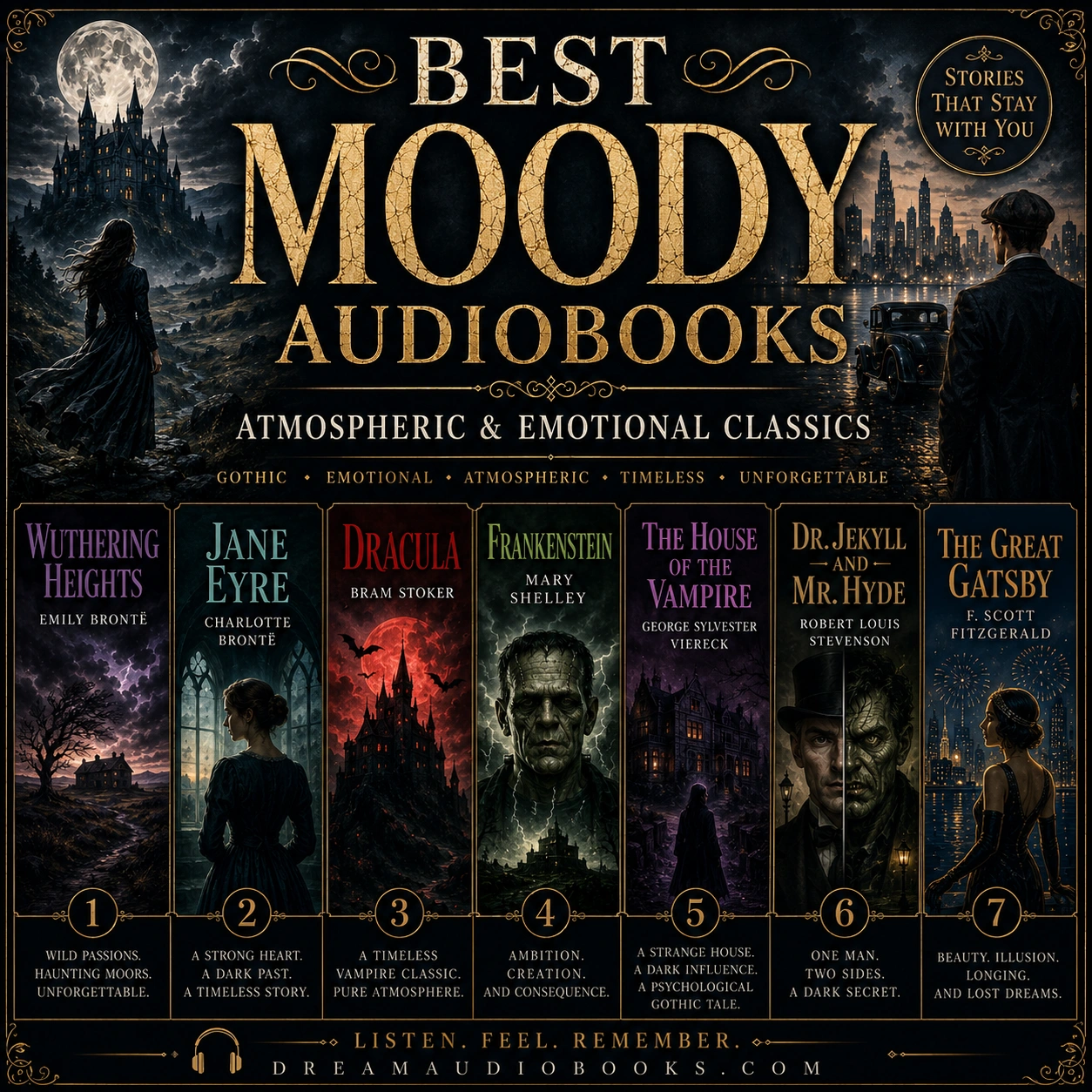 Best moody audiobooks cover featuring Wuthering Heights, Jane Eyre, Dracula, Frankenstein, The House of the Vampire, Dr. Jekyll and Mr. Hyde, and The Great Gatsby