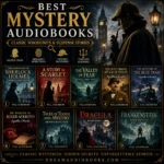 Best mystery audiobooks cover featuring The Adventures of Sherlock Holmes, A Study in Scarlet, The Valley of Fear, The Mysterious Affair at Styles, The Mystery of the Blue Train, The Murder of Roger Ackroyd, Tales of Terror and Mystery, Dracula, and Frankenstein