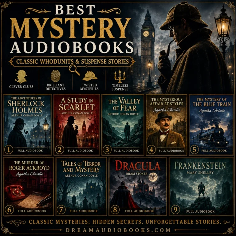 Best mystery audiobooks cover featuring The Adventures of Sherlock Holmes, A Study in Scarlet, The Valley of Fear, The Mysterious Affair at Styles, The Mystery of the Blue Train, The Murder of Roger Ackroyd, Tales of Terror and Mystery, Dracula, and Frankenstein