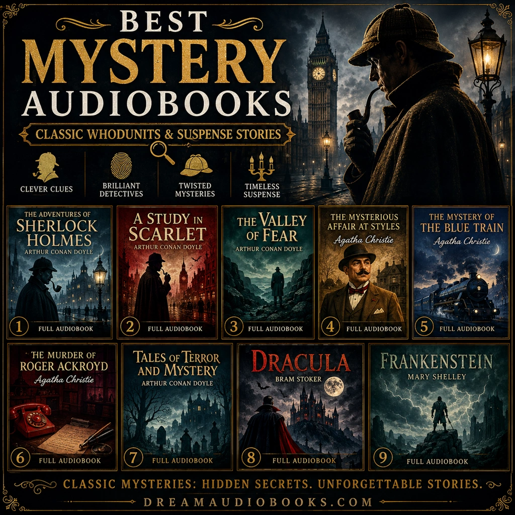 Best mystery audiobooks cover featuring The Adventures of Sherlock Holmes, A Study in Scarlet, The Valley of Fear, The Mysterious Affair at Styles, The Mystery of the Blue Train, The Murder of Roger Ackroyd, Tales of Terror and Mystery, Dracula, and Frankenstein