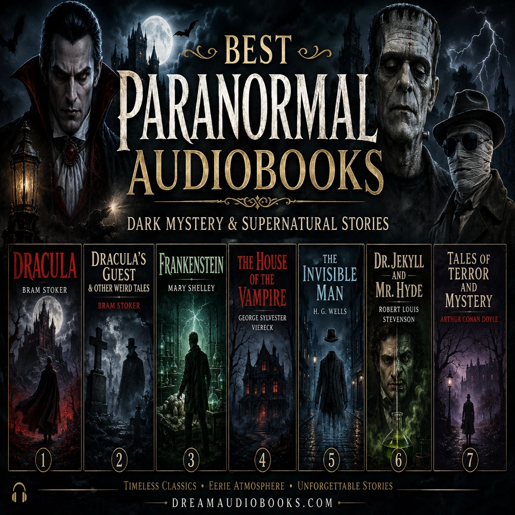 Best paranormal audiobooks cover featuring Dracula, Dracula’s Guest & Other Weird Tales, Frankenstein, The House of the Vampire, The Invisible Man, Dr. Jekyll and Mr. Hyde, and Tales of Terror and Mystery