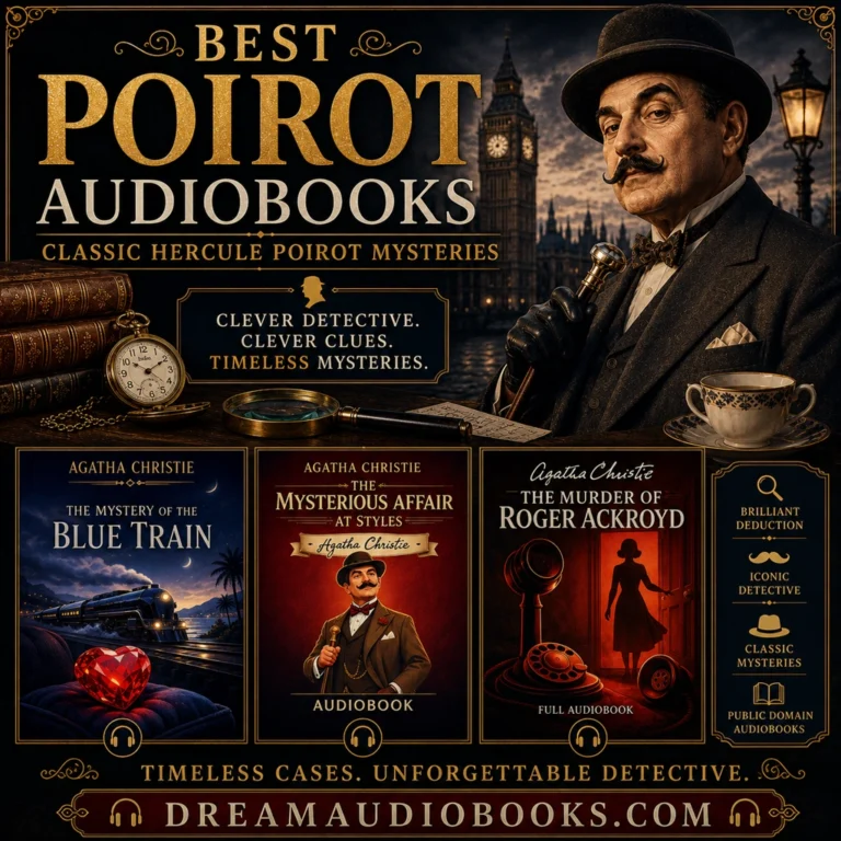 Best Poirot audiobooks cover featuring The Mystery of the Blue Train, The Mysterious Affair at Styles, and The Murder of Roger Ackroyd