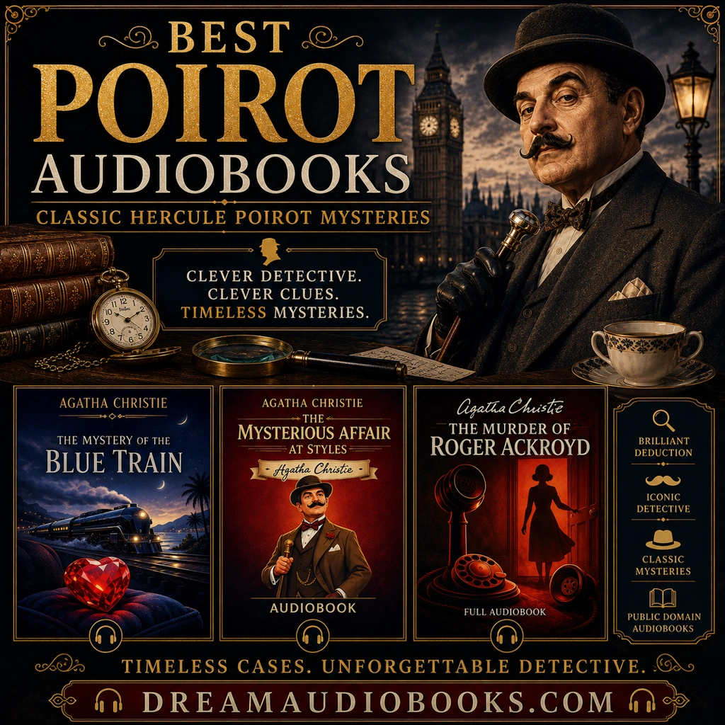 Best Poirot audiobooks cover featuring The Mystery of the Blue Train, The Mysterious Affair at Styles, and The Murder of Roger Ackroyd