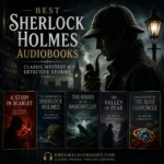 Best Sherlock Holmes audiobooks cover featuring A Study in Scarlet, The Adventures of Sherlock Holmes, The Hound of the Baskervilles, The Valley of Fear, and The Adventure of the Blue Carbuncle