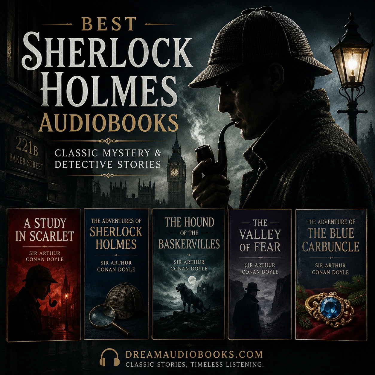 Best Sherlock Holmes audiobooks cover featuring A Study in Scarlet, The Adventures of Sherlock Holmes, The Hound of the Baskervilles, The Valley of Fear, and The Adventure of the Blue Carbuncle