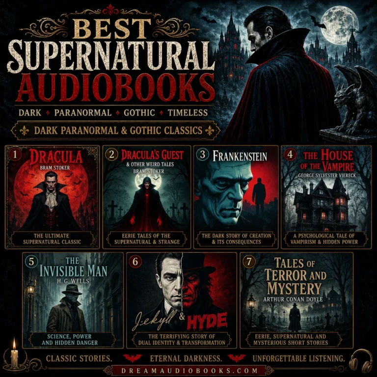 Best supernatural audiobooks cover featuring Dracula, Dracula’s Guest & Other Weird Tales, Frankenstein, The House of the Vampire, The Invisible Man, Dr. Jekyll and Mr. Hyde, and Tales of Terror and Mystery