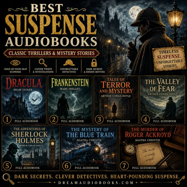 Best suspense audiobooks cover featuring Dracula, Frankenstein, Tales of Terror and Mystery, The Valley of Fear, The Adventures of Sherlock Holmes, The Mystery of the Blue Train, and The Murder of Roger Ackroyd