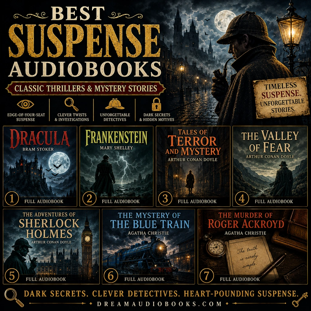 Best suspense audiobooks cover featuring Dracula, Frankenstein, Tales of Terror and Mystery, The Valley of Fear, The Adventures of Sherlock Holmes, The Mystery of the Blue Train, and The Murder of Roger Ackroyd