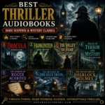 Best thriller audiobooks cover featuring Dracula, Frankenstein, The Valley of Fear, Tales of Terror and Mystery, The Murder of Roger Ackroyd, The Mystery of the Blue Train, and The Adventures of Sherlock Holmes