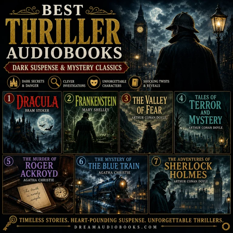 Best thriller audiobooks cover featuring Dracula, Frankenstein, The Valley of Fear, Tales of Terror and Mystery, The Murder of Roger Ackroyd, The Mystery of the Blue Train, and The Adventures of Sherlock Holmes