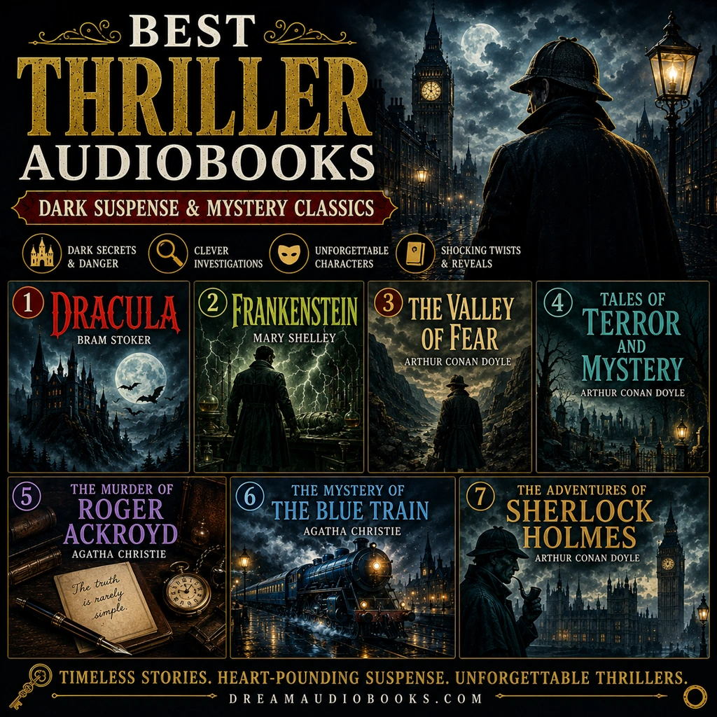 Best thriller audiobooks cover featuring Dracula, Frankenstein, The Valley of Fear, Tales of Terror and Mystery, The Murder of Roger Ackroyd, The Mystery of the Blue Train, and The Adventures of Sherlock Holmes