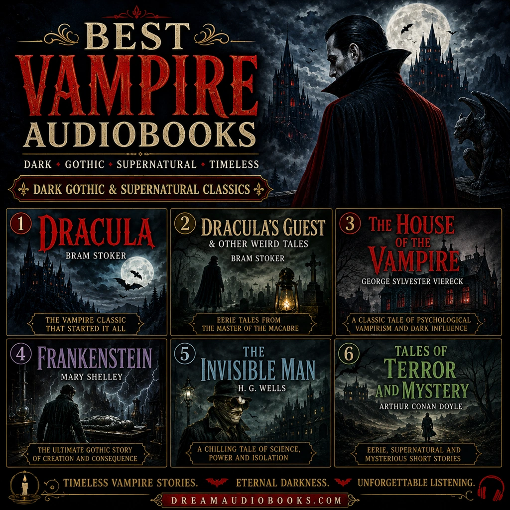 Best vampire audiobooks cover featuring Dracula, Dracula’s Guest & Other Weird Tales, The House of the Vampire, Frankenstein, The Invisible Man, and Tales of Terror and Mystery