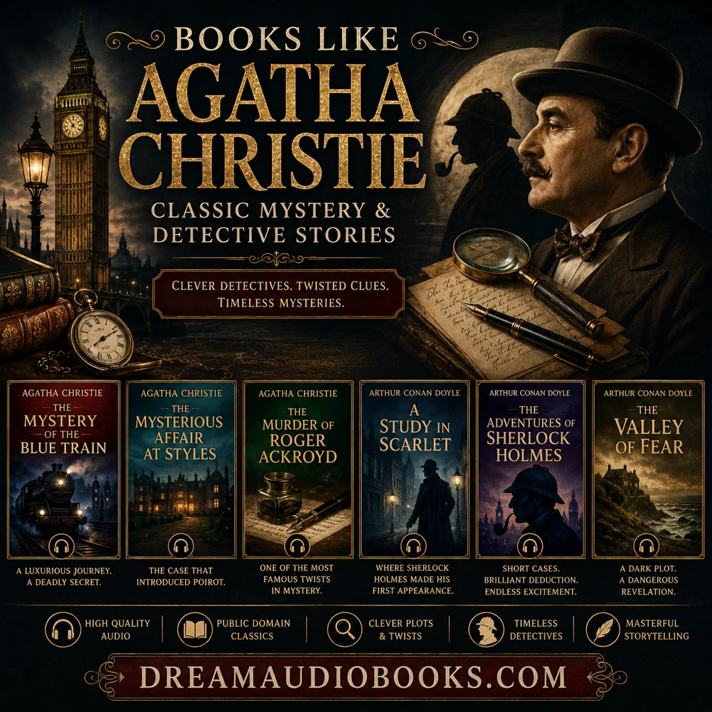 Books like Agatha Christie cover featuring The Mystery of the Blue Train, The Mysterious Affair at Styles, The Murder of Roger Ackroyd, A Study in Scarlet, The Adventures of Sherlock Holmes, and The Valley of Fear