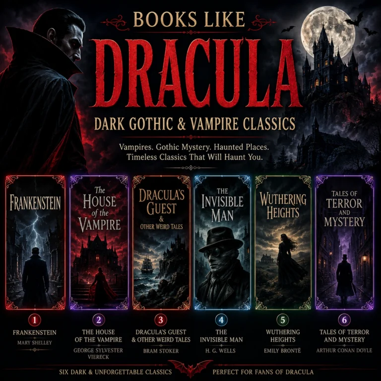 Books like Dracula cover featuring Frankenstein, The House of the Vampire, Dracula’s Guest, The Invisible Man, Wuthering Heights, and Tales of Terror and Mystery