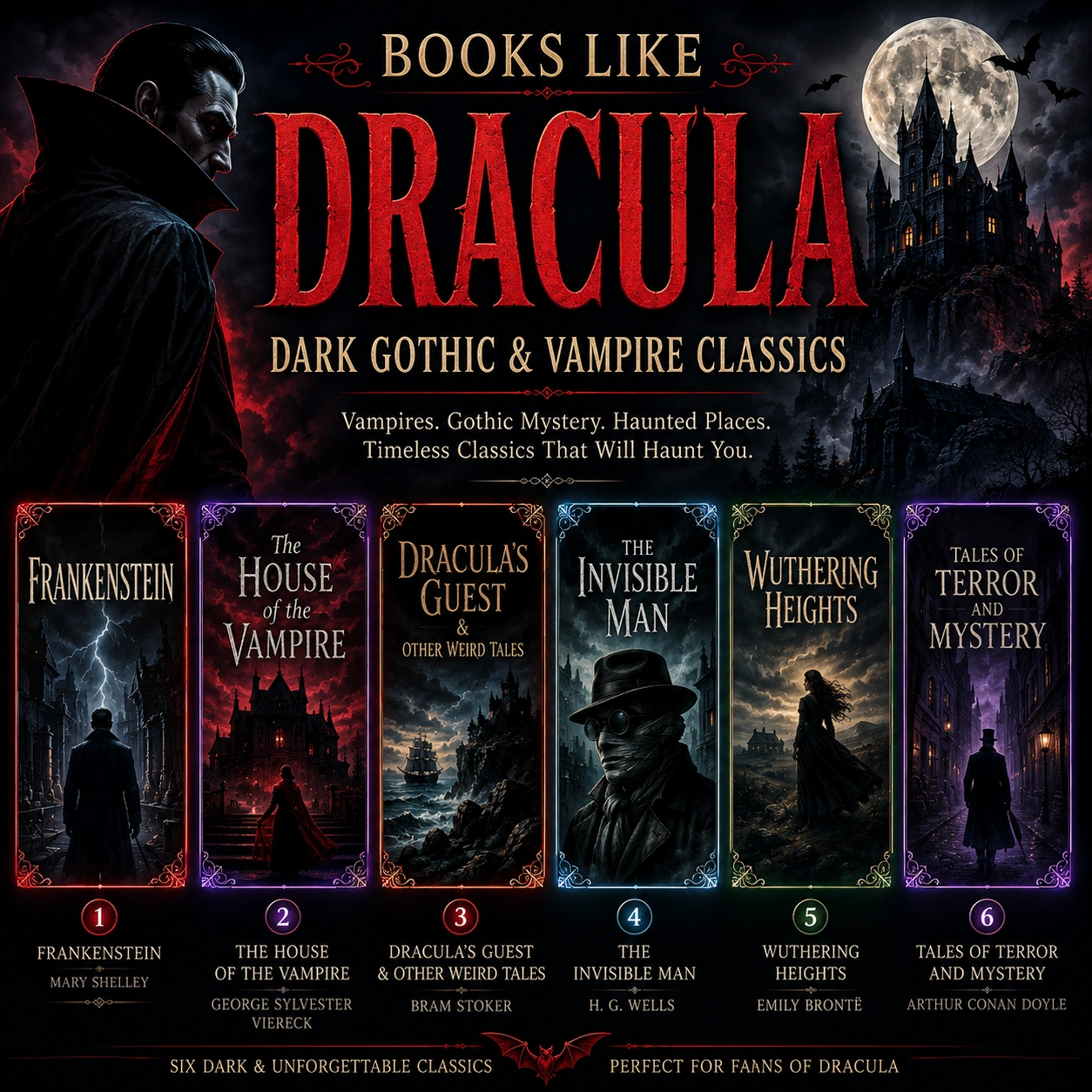 Books like Dracula cover featuring Frankenstein, The House of the Vampire, Dracula’s Guest, The Invisible Man, Wuthering Heights, and Tales of Terror and Mystery
