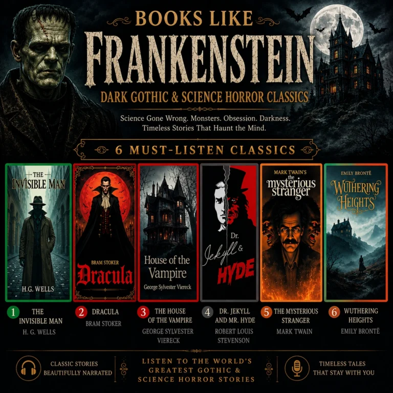 Books like Frankenstein cover featuring The Invisible Man, Dracula, The House of the Vampire, Dr. Jekyll and Mr. Hyde, The Mysterious Stranger, and Wuthering Heights