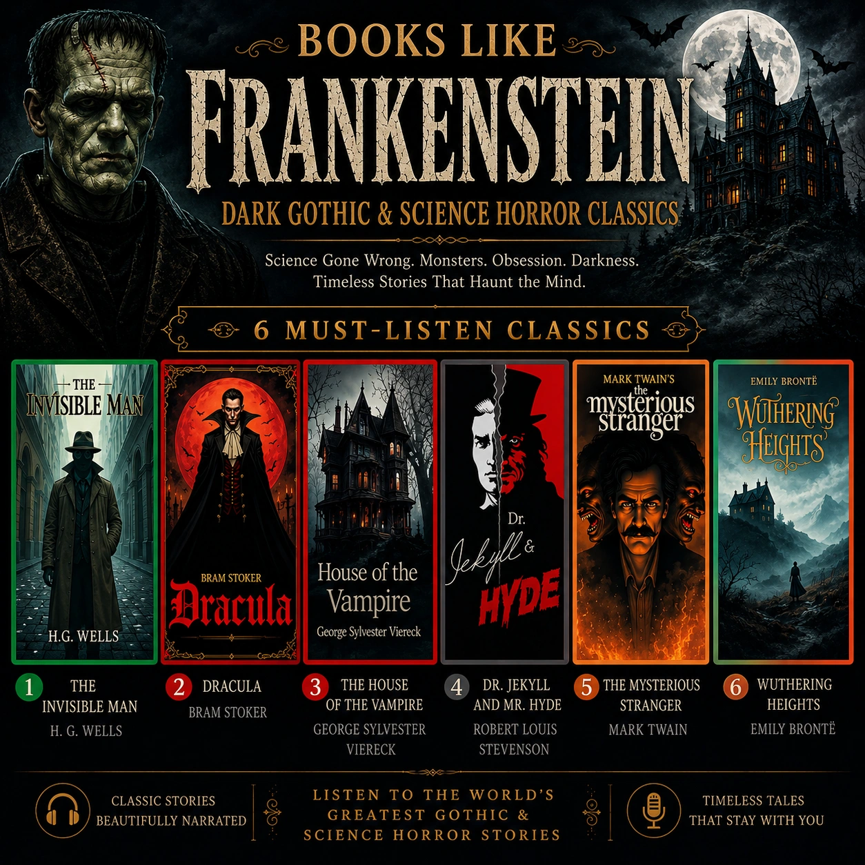 Books like Frankenstein cover featuring The Invisible Man, Dracula, The House of the Vampire, Dr. Jekyll and Mr. Hyde, The Mysterious Stranger, and Wuthering Heights